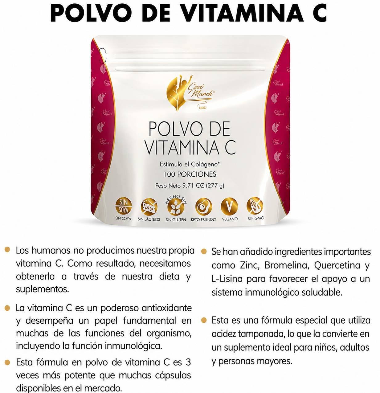 Cocó March - Vitamina C en Polvo + Colágeno – Colágeno con Vitamina C para Piel, Cabello y Articulaciones | 277 g