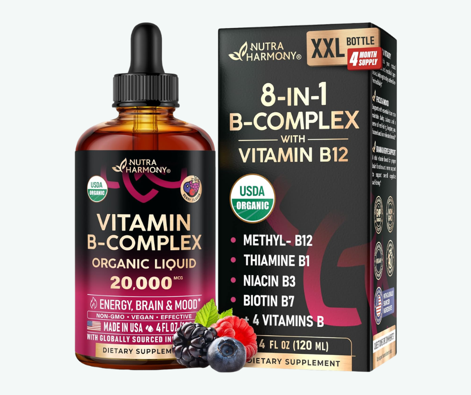 Nutra Harmony - Complejo B Líquido Orgánico 20,000 mcg – Energía, Enfoque y Ánimo – Con B12 Metilcobalamina