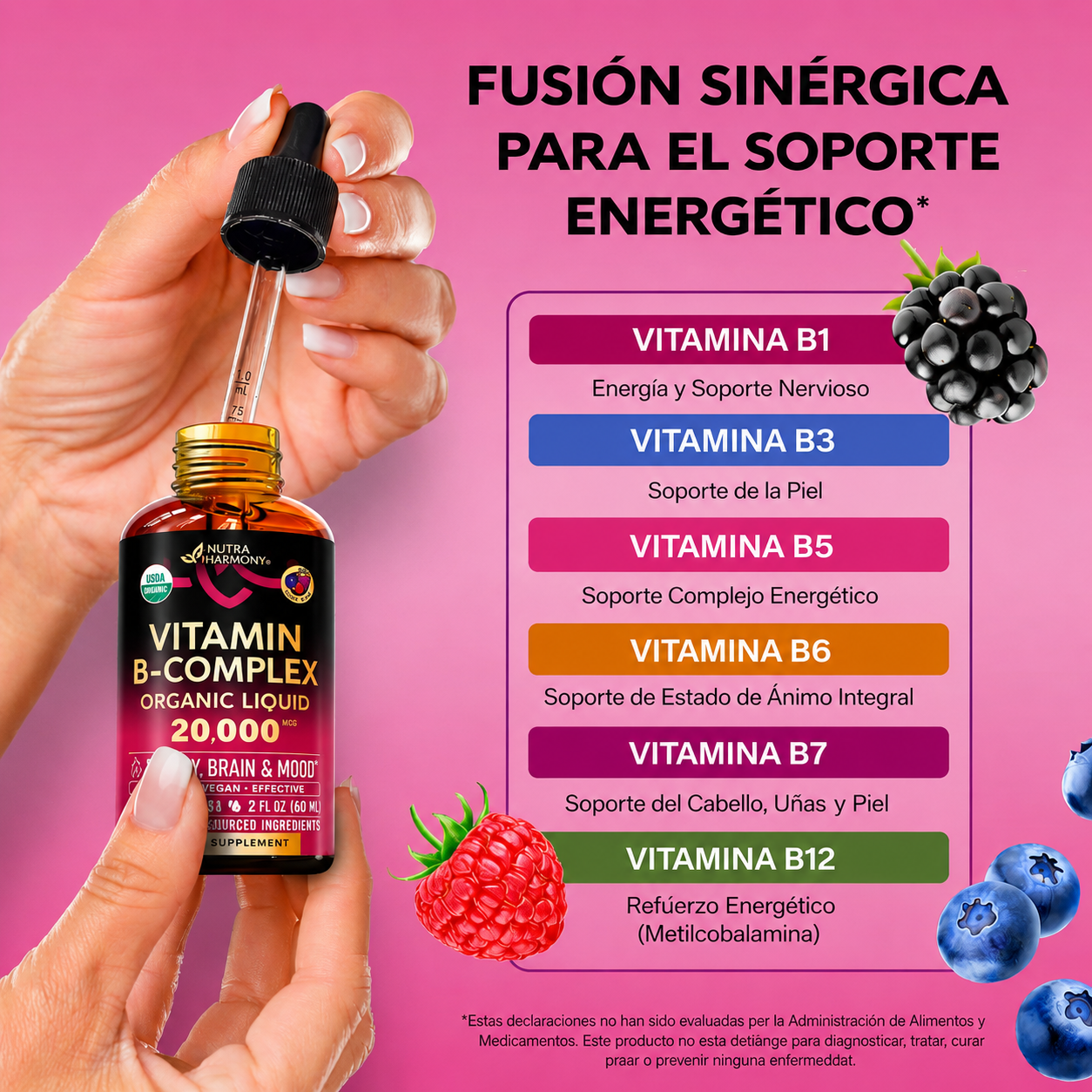 Nutra Harmony - Complejo B Líquido Orgánico de 20,000 mcg con B12 Metilcobalamina - Energía, Enfoque y Ánimo | 60 mL