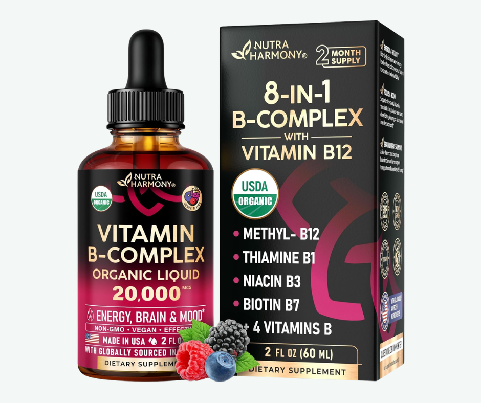 Nutra Harmony - Complejo B Líquido Orgánico 20,000 mcg – Energía, Enfoque y Ánimo – Con B12 Metilcobalamina