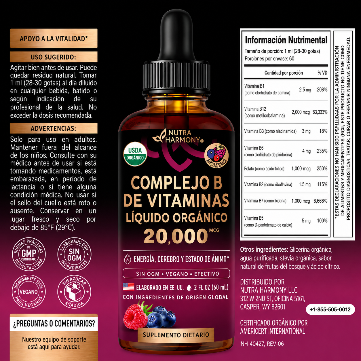 Nutra Harmony - Complejo B Líquido Orgánico 20,000 mcg – Energía, Enfoque y Ánimo – Con B12 Metilcobalamina