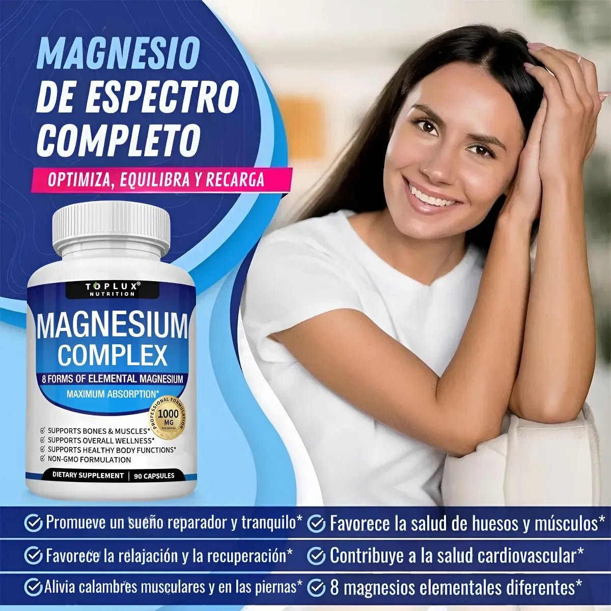 Toplux Nutrition - Magnesio Complex 1000 mg – Complejo de Magnesio con 8 Formas de Magnesio – Alta Absorción – 90 Cápsulas