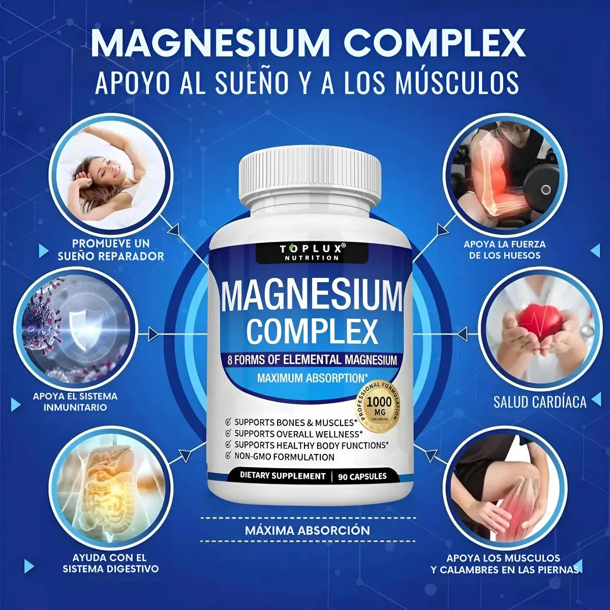 Toplux Nutrition - Magnesio Complex 1000 mg – Complejo de Magnesio con 8 Formas de Magnesio – Alta Absorción – 90 Cápsulas