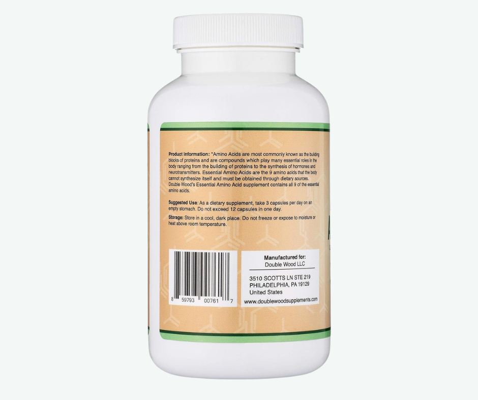 Double Wood - Aminoácidos Esenciales - Mezcla en Polvo por Ración que contiene los 9 Aminoácidos Esenciales (EAA) y todos los Aminoácidos de la Cadena Ramificada (BCAA) (Leucina, Isoleucina y Valina) Sin Gluten | 225 Cápsulas