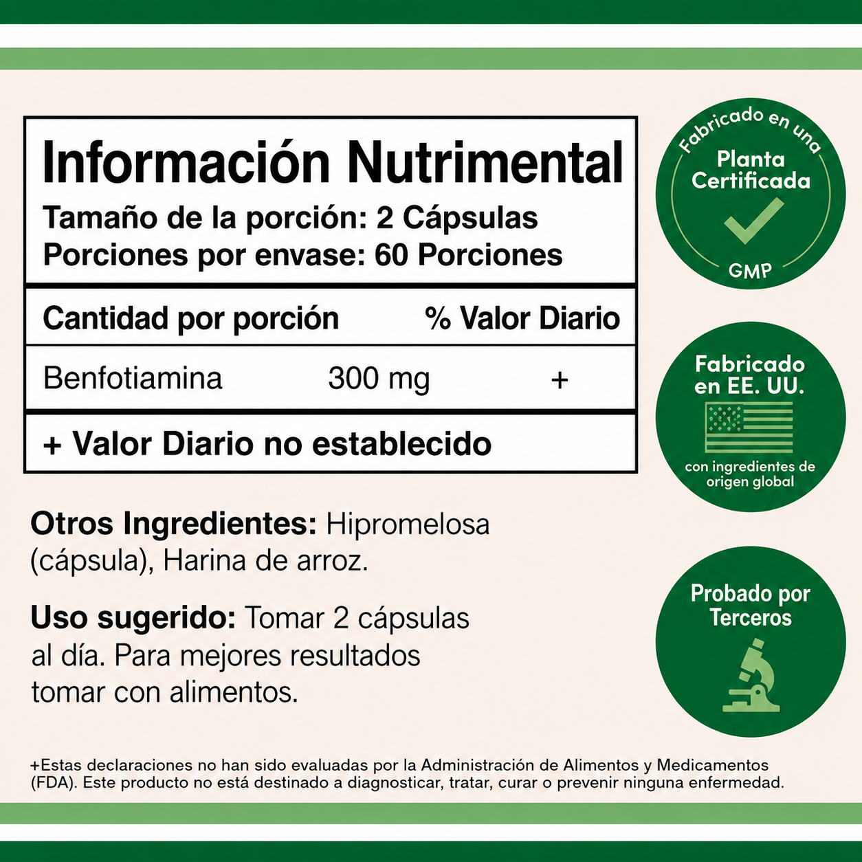 Double Wood - Benfotiamina de 300mg - Sin OMG, para Aumentar los Niveles de Tiamina B1 - Más Fácil de Absorber que la Tiamina, Liposoluble | 120 Cápsulas