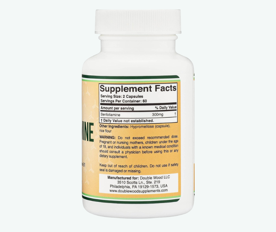 Double Wood - Benfotiamina de 300mg - Sin OMG, para Aumentar los Niveles de Tiamina B1 - Más Fácil de Absorber que la Tiamina, Liposoluble | 120 Cápsulas