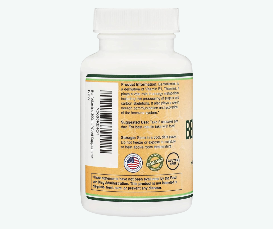 Double Wood - Benfotiamina de 300mg - Sin OMG, para Aumentar los Niveles de Tiamina B1 - Más Fácil de Absorber que la Tiamina, Liposoluble | 120 Cápsulas