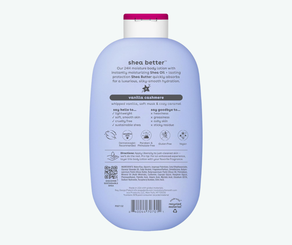 EOS Body Lotion Vanilla Cashmere – Loción corporal hidratante con manteca de karité y aceite de coco – 473 ml
