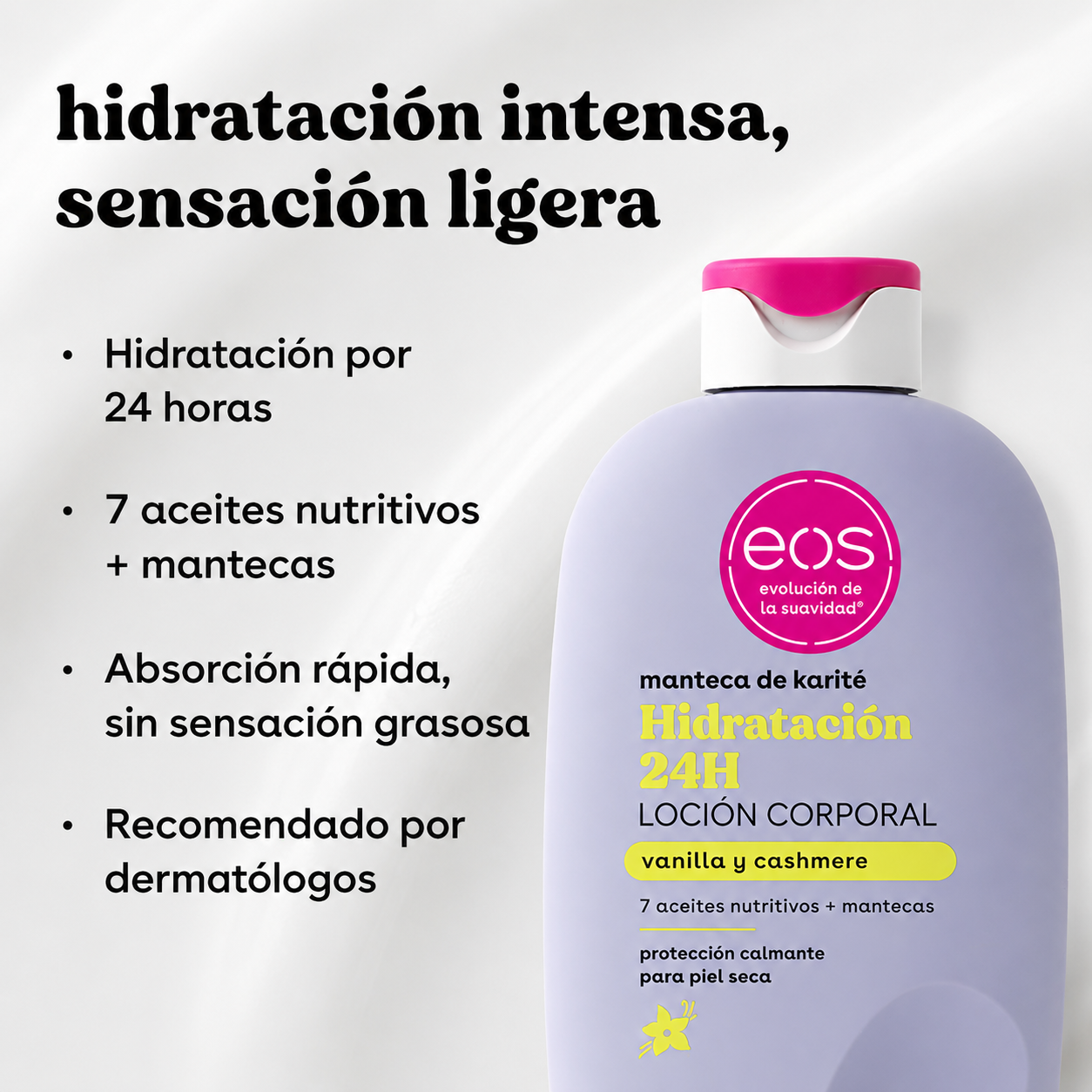 EOS Body Lotion Vanilla Cashmere – Loción corporal hidratante con manteca de karité y aceite de coco – 473 ml