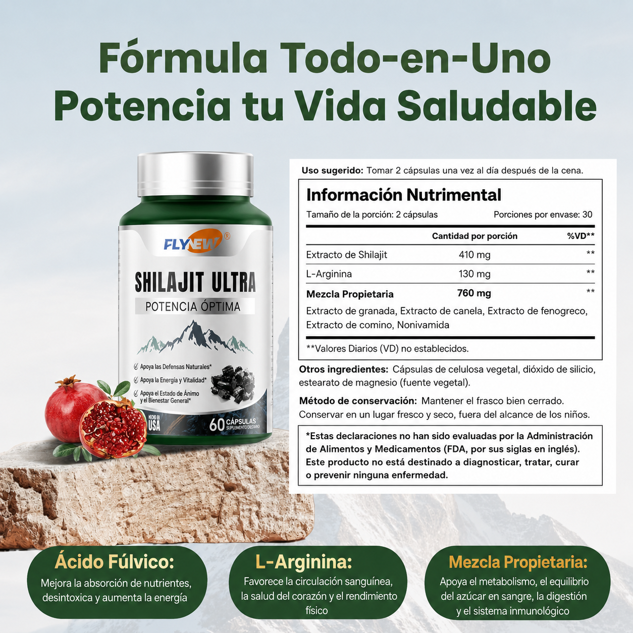 FLYNEW - Shilajit Potencia Ultraóptima – 60 Cápsulas – Energía, Vitalidad y Apoyo Inmunológico