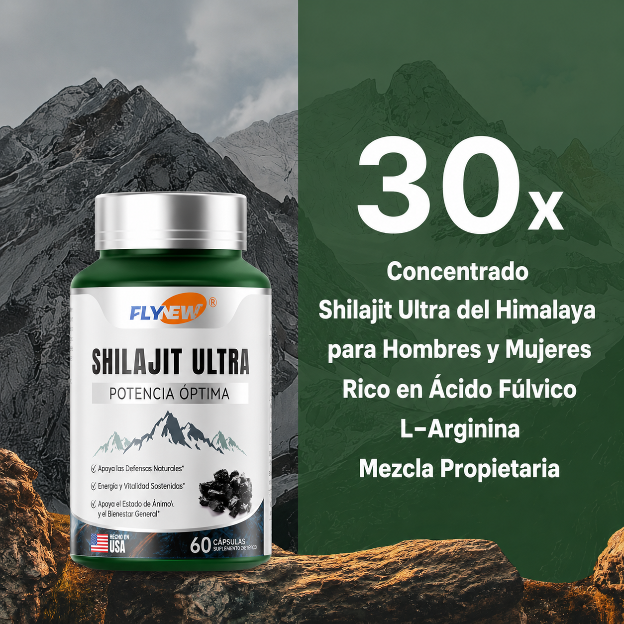 FLYNEW - Shilajit Potencia Ultraóptima – 60 Cápsulas – Energía, Vitalidad y Apoyo Inmunológico