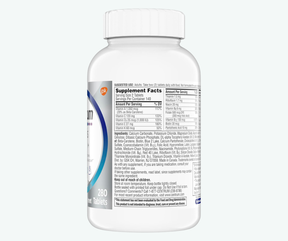 GSK - Centrum Minis Multivitamínico para Hombres Mayores de 50 Años - Suplemento Multivitamínico y Multimineral, Vitamina D3, Vitaminas del Grupo B y Zinc - Favorece la Memoria y las Funciones Cognitivas en las Personas Mayores | 280 Tabletas