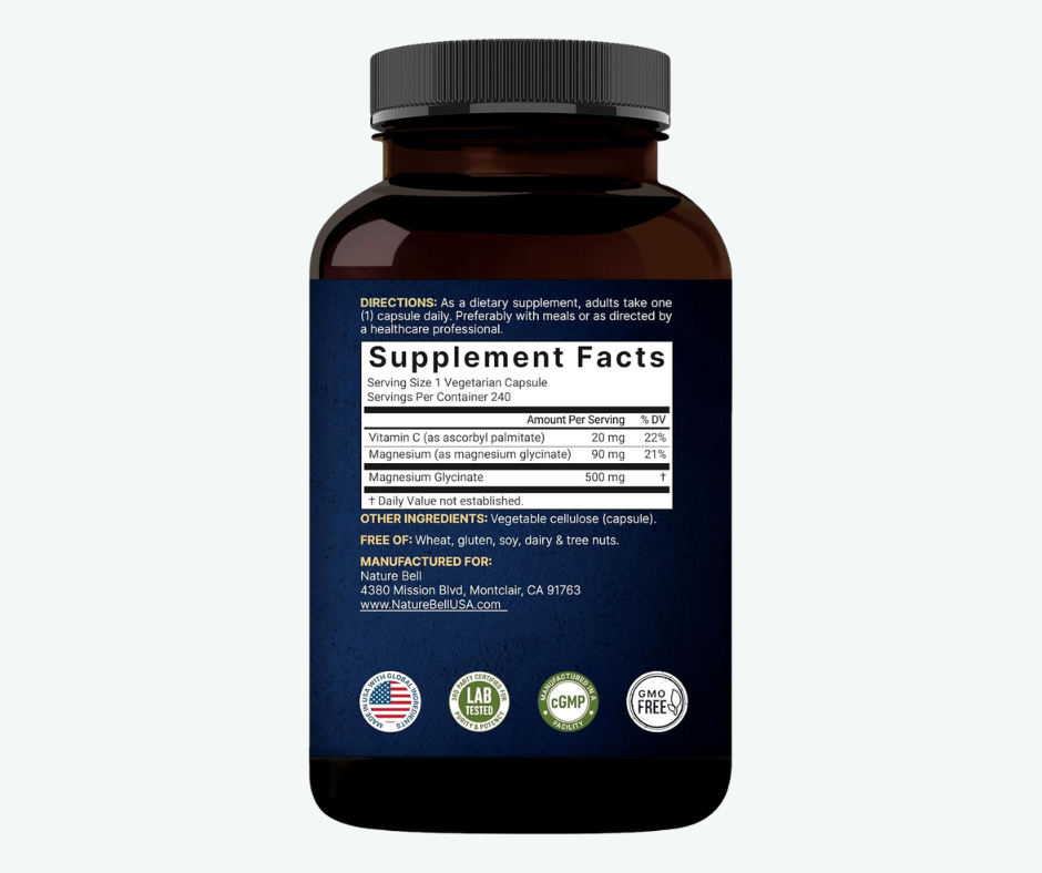 Glicinato de Magnesio 500 mg NatureBell – 240 Cápsulas | Magnesio de Alta Absorción para Músculos, Estrés y Sueño