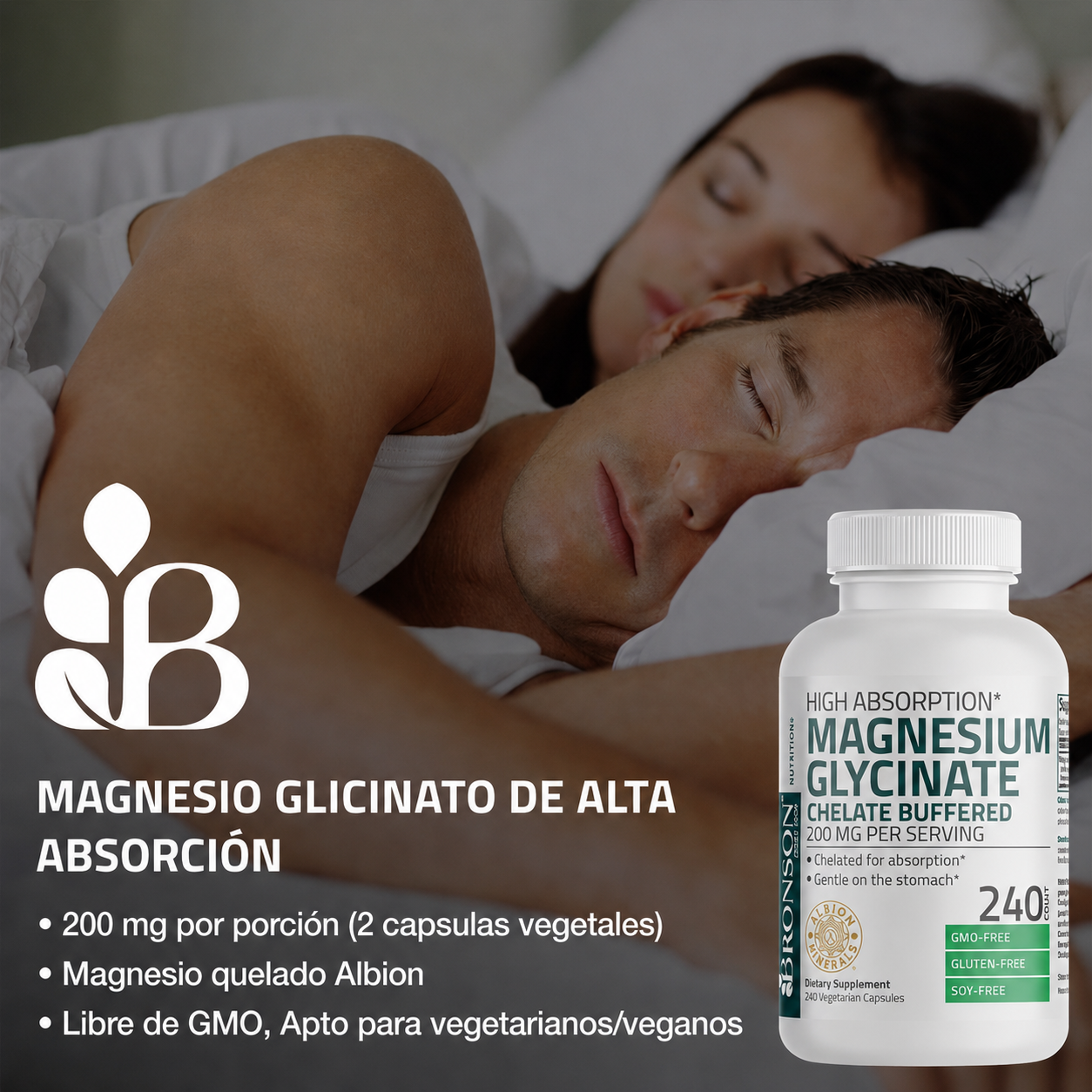 Glicinato de Magnesio 200 mg – Alta Absorción | Bronson | Cápsulas Vegetales | Apoyo para Estrés, Sueño y Músculos
