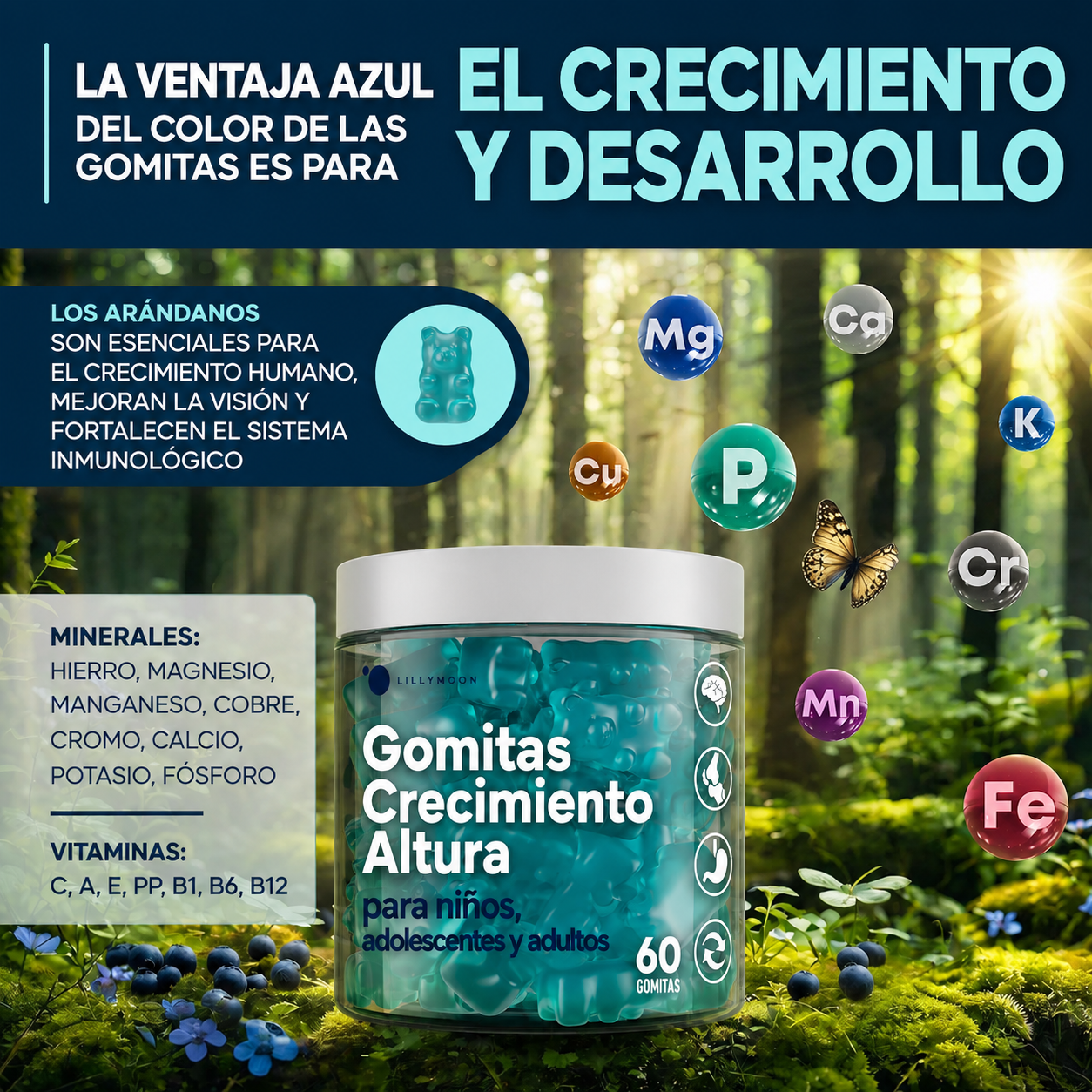 Lillymoon - Gomitas Multivitamínicas para el Crecimiento - Suplemento Natural para Aumentar la Estatura con Calcio, Zinc, Vitamina K2 y D3 y Magnesio - Favorecen la Densidad y la Fortaleza Óseas - Para Adultos y Niños | 60 Gomitas