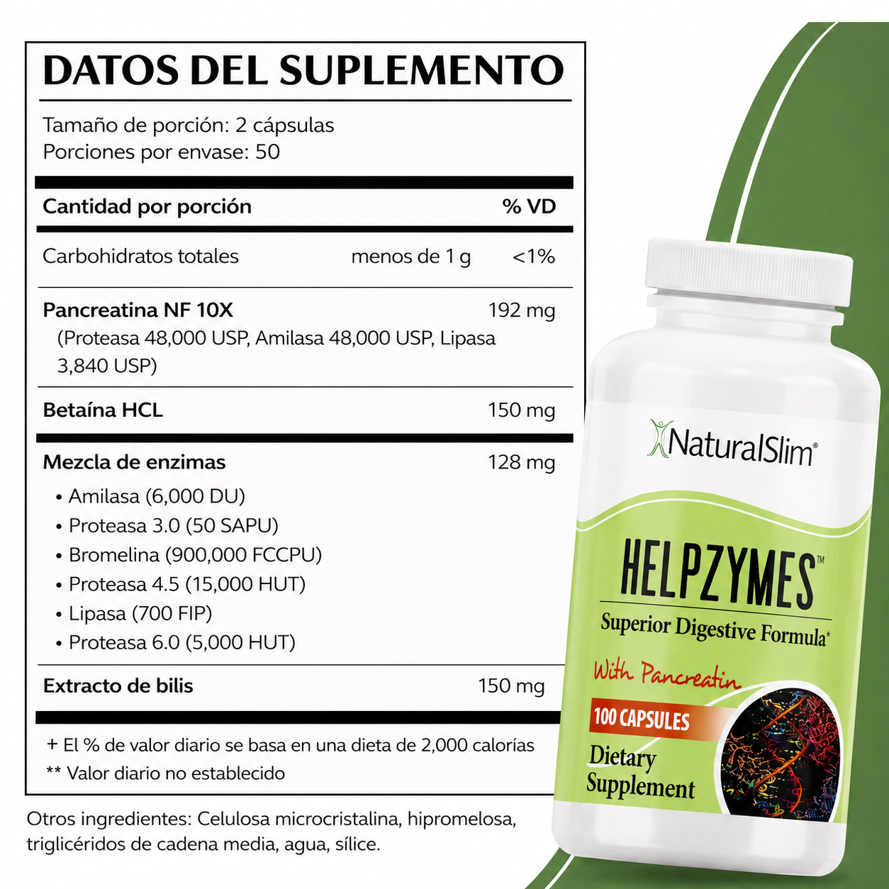 NaturalSlim - HelpZymes – Enzimas Digestivas Avanzadas con Pancreatina | 100 Cápsulas