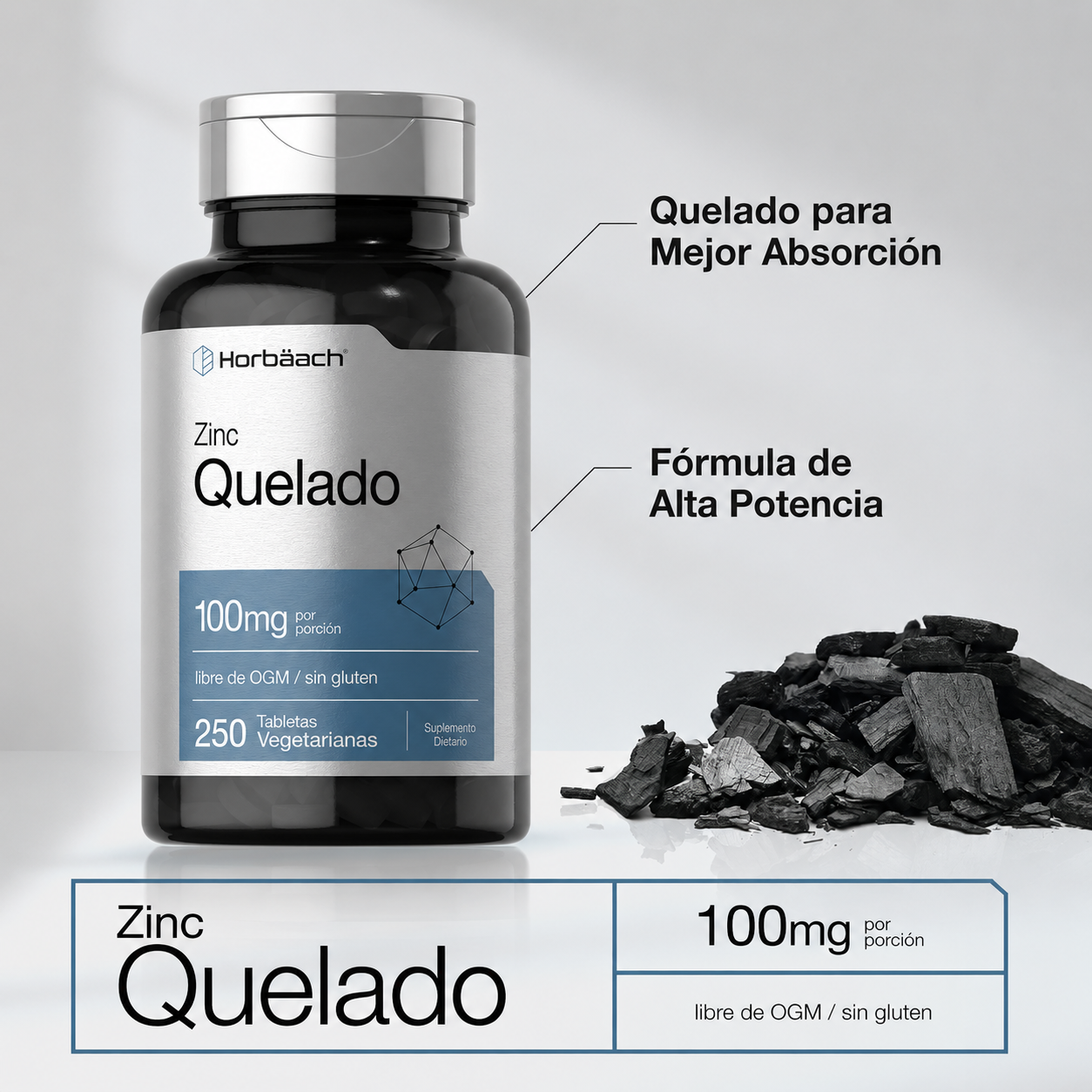 Horbäach - Suplemento de Zinc Quelado de 100 mg - Alta Potencia y Absorción Superior | 250 Tabletas