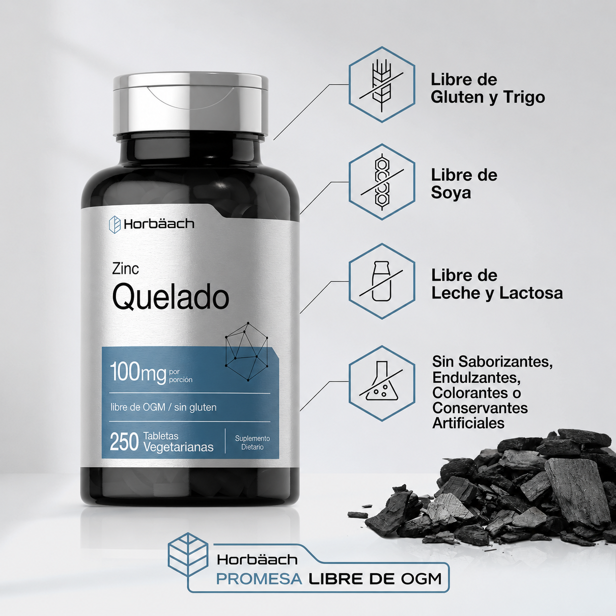 Horbäach - Suplemento de Zinc Quelado de 100 mg - Alta Potencia y Absorción Superior | 250 Tabletas
