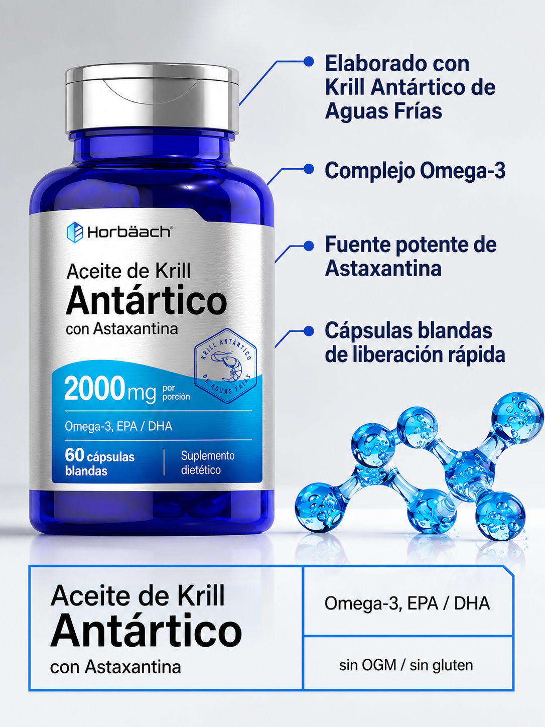 Horbäach Aceite de Krill Antártico 2000 mg con Astaxantina – Omega-3 EPA DHA – 60 Softgels