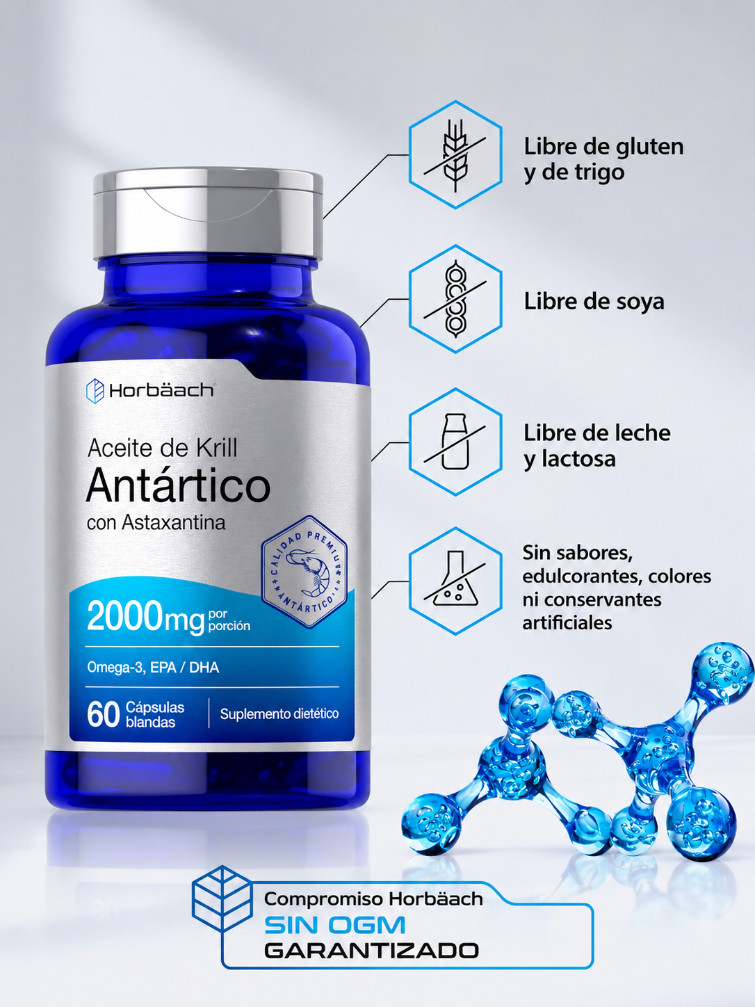 Horbäach Aceite de Krill Antártico 2000 mg con Astaxantina – Omega-3 EPA DHA – 60 Softgels