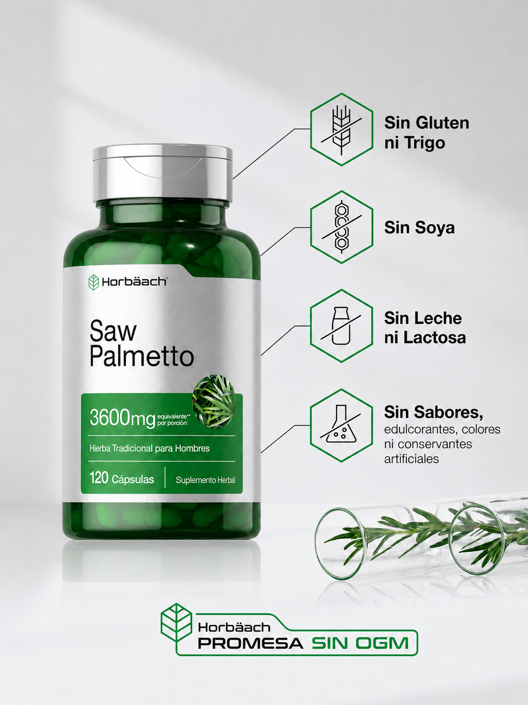 Horbäach - Saw Palmetto de 3600 mg - Suplemento Herbal para los Hombres | 120 Cápsulas