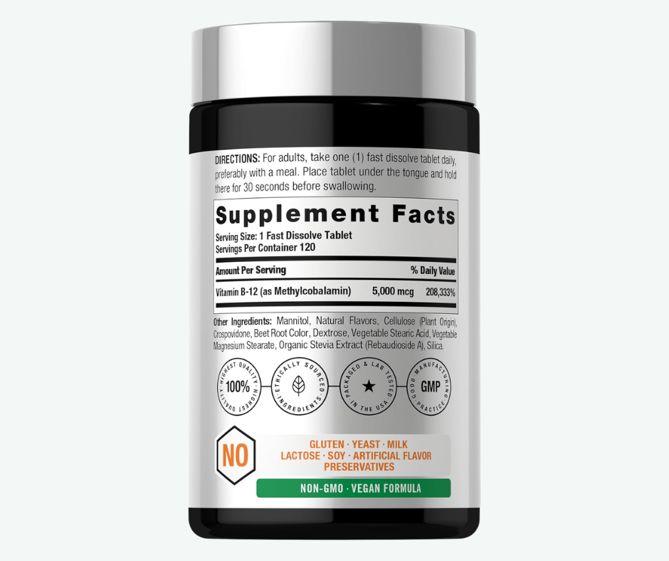 Horbäach - Vitamina B12 Metilcobalamina 5000 mcg – 120 Tabletas de Disolución Rápida Sublingual