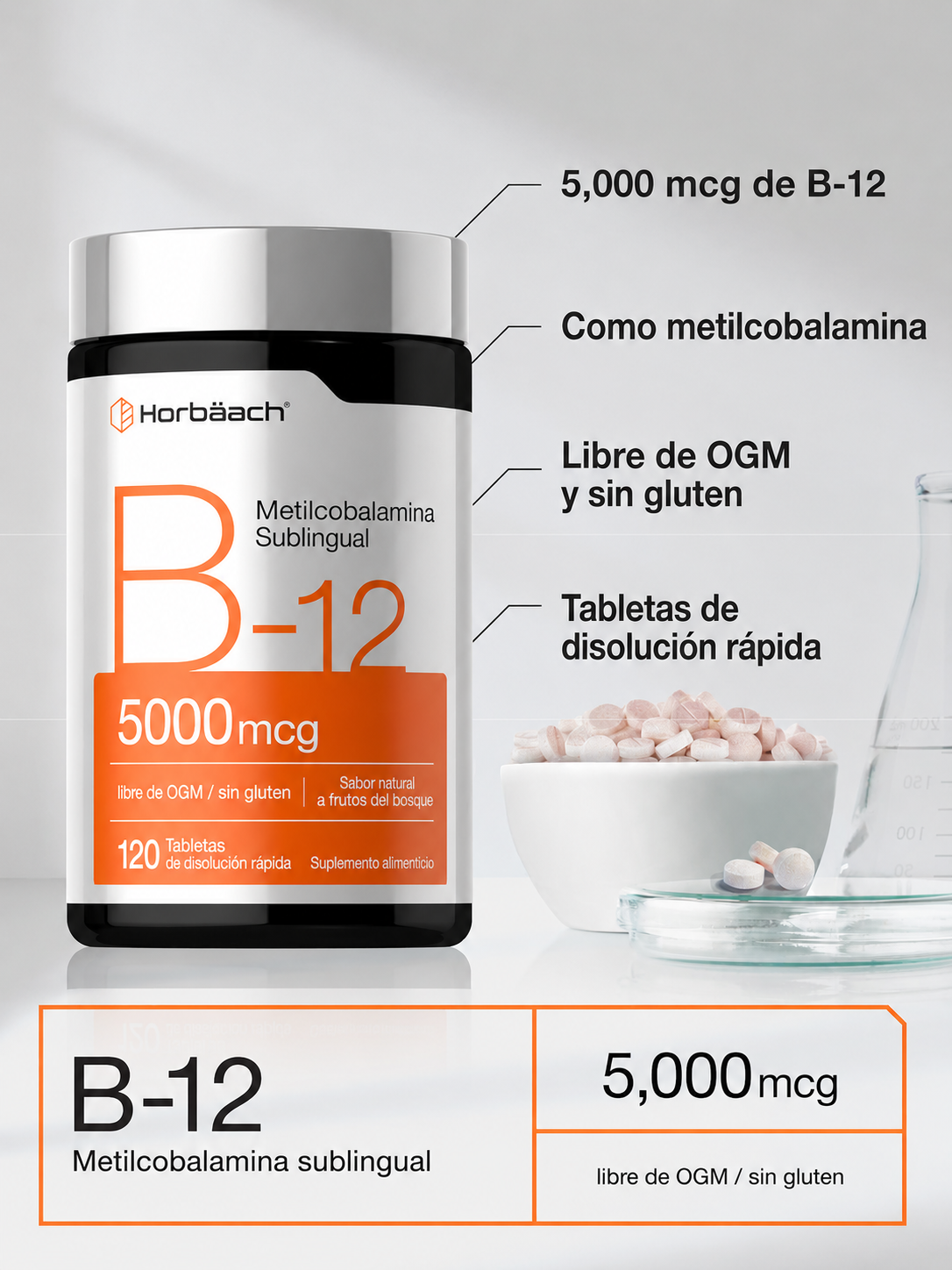 Horbäach - Vitamina B12 Metilcobalamina 5000 mcg – 120 Tabletas de Disolución Rápida Sublingual