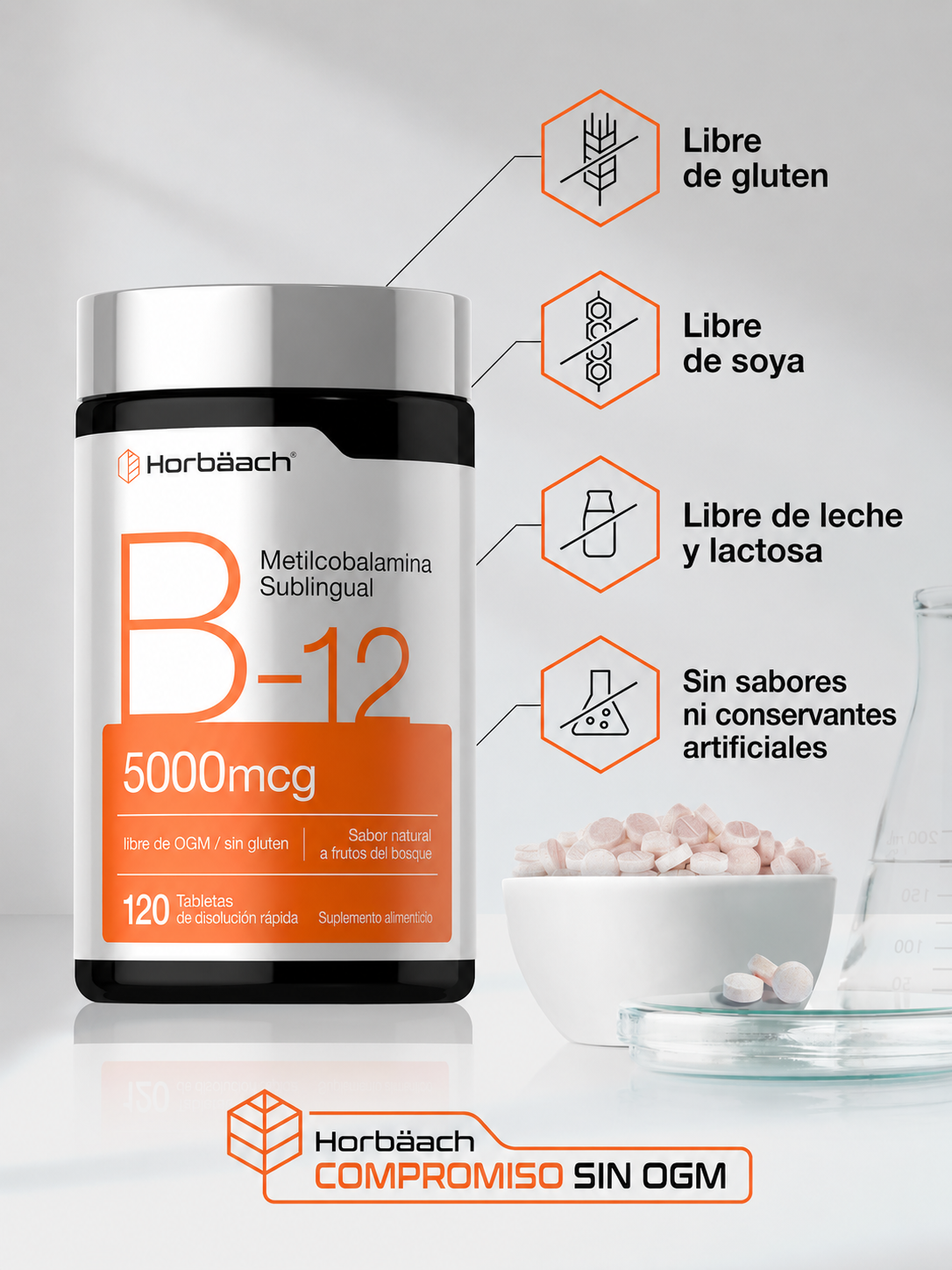 Horbäach - Vitamina B12 Metilcobalamina 5000 mcg – 120 Tabletas de Disolución Rápida Sublingual