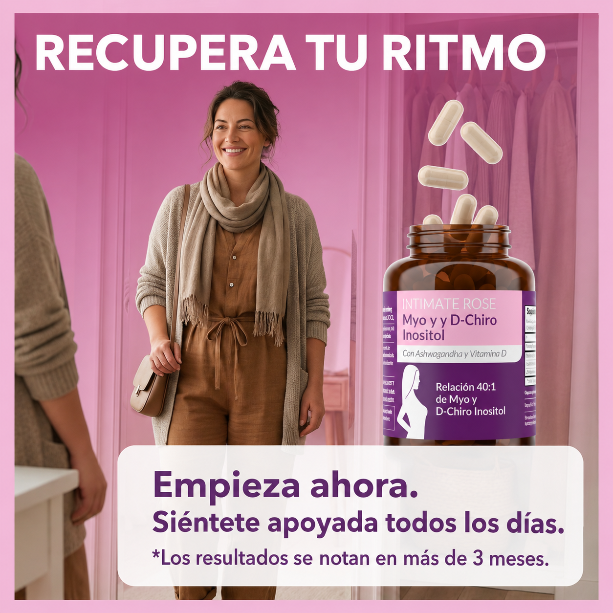 Intimate Rose - Myo-Inositol & D-Chiro Inositol para Mujeres - Equilibrio Hormonal y Apoyo a las Funciones Ováricas - Proporción Ideal de 40:1 con Vitamina D y Ashwagandha | 120 Cápsulas