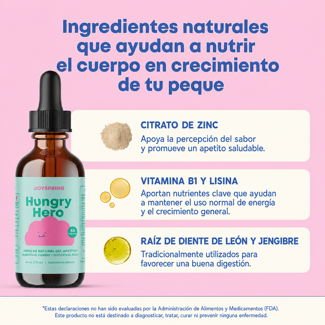 JoySpring - Hungry Hero - Gotas para el Apetito - L-lisina, Zinc y Vitaminas del Grupo B - Favorece una Alimentación Saludable y el Crecimiento de los Niños Quisquillosos con la Comida | 60 mL