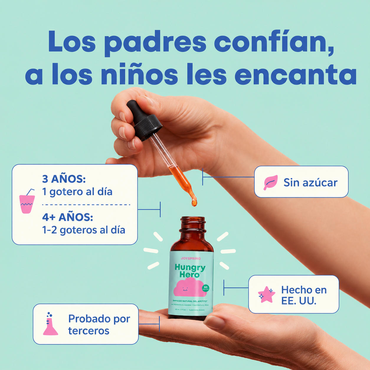 JoySpring - Hungry Hero - Gotas para el Apetito - L-lisina, Zinc y Vitaminas del Grupo B - Favorece una Alimentación Saludable y el Crecimiento de los Niños Quisquillosos con la Comida | 60 mL