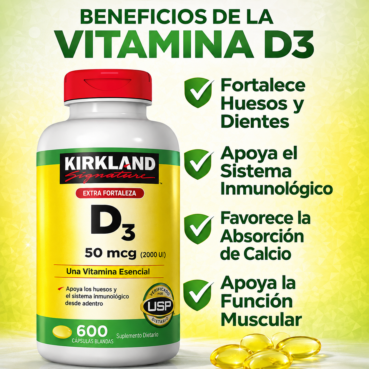 Kirkland - Vitamina D3 de 50 mcg (2000 IU) – Soporte Inmunológico y Óseo | 600 Softgels