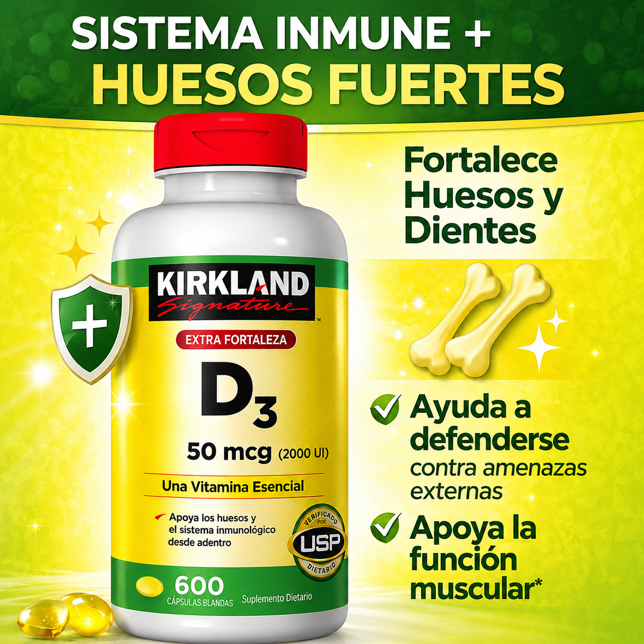 Kirkland - Vitamina D3 de 50 mcg (2000 IU) – Soporte Inmunológico y Óseo | 600 Softgels