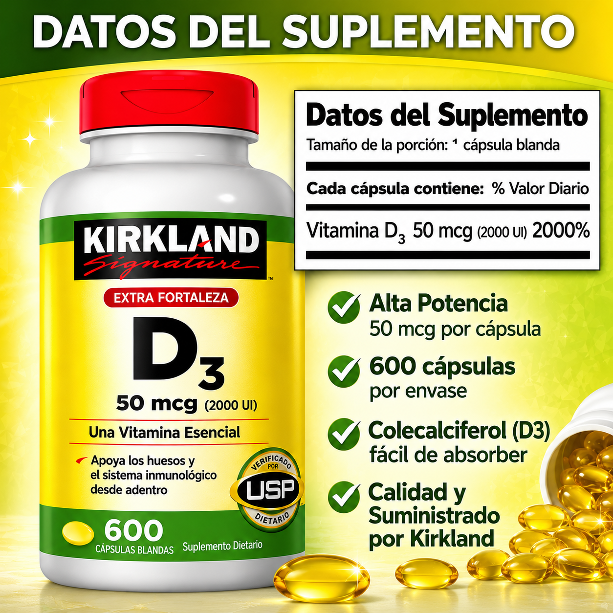 Kirkland - Vitamina D3 de 50 mcg (2000 IU) – Soporte Inmunológico y Óseo | 600 Softgels