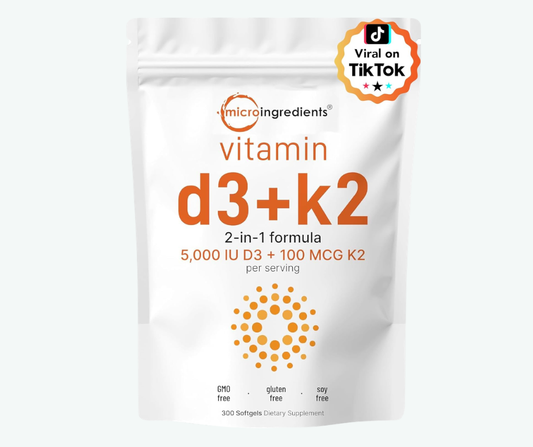 Micro Ingredients Vitamin D3 + K2 300 Softgels – Soporte para Huesos, Sistema Inmunológico y Salud Cardiovascular