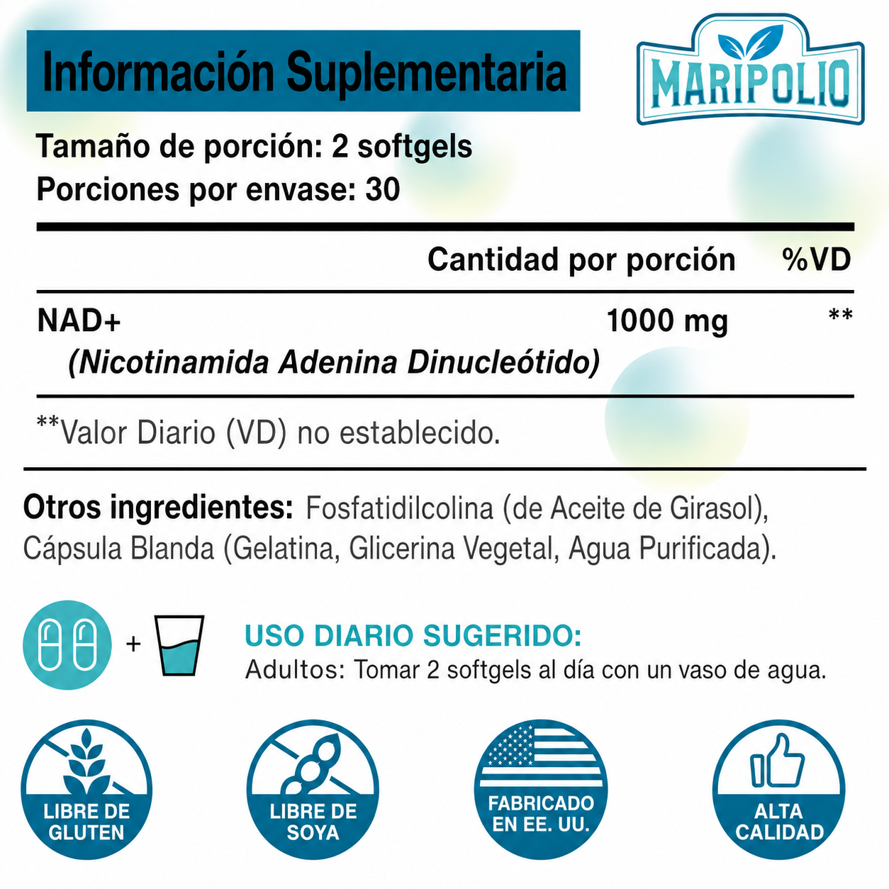 Maripolio - Liposomal NAD+ 1000 mg – Apoyo para Energía Celular y Bienestar Antioxidante | 60 Softgels
