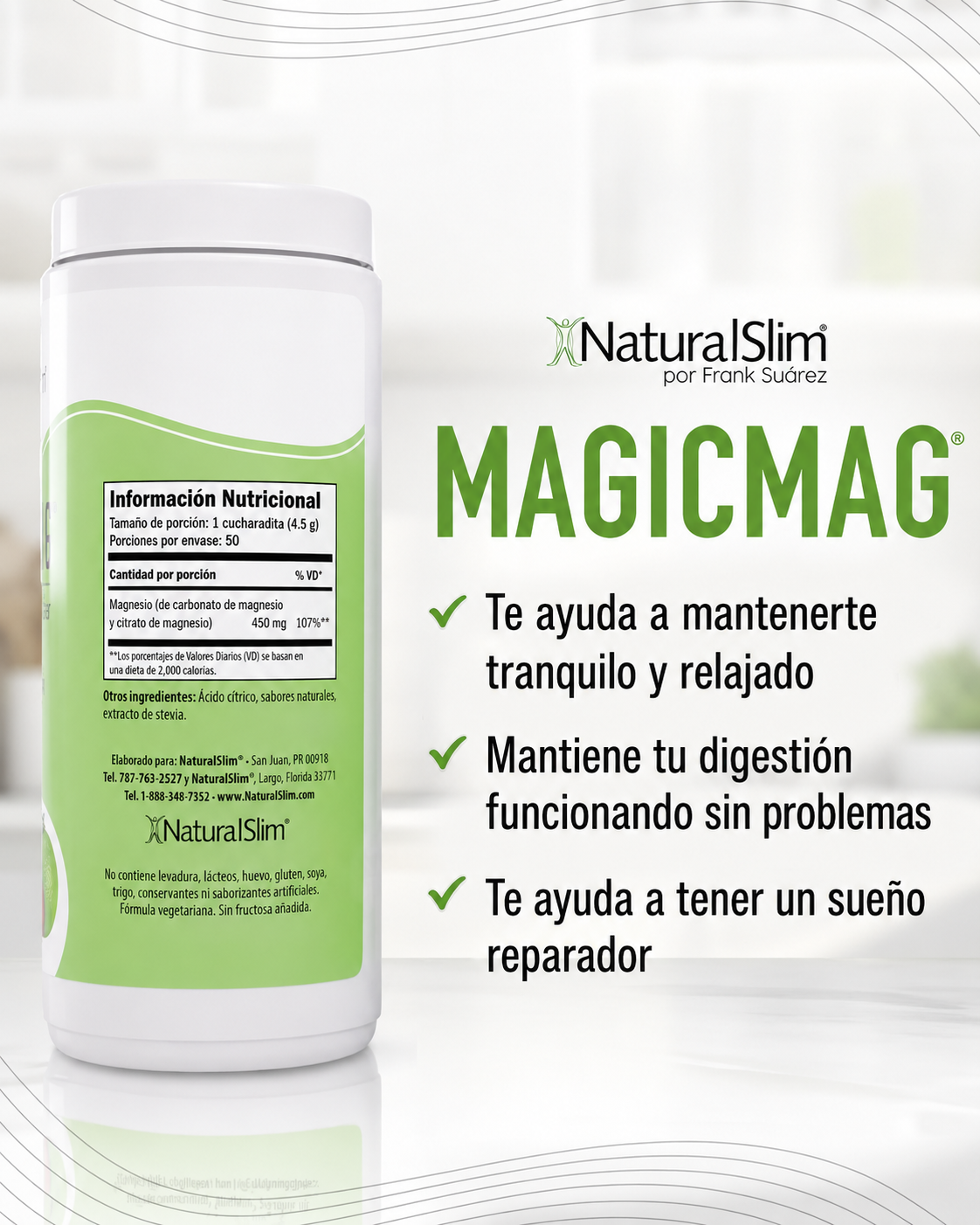 NaturalSlim - MagicMag Magnesio en Polvo – Antiestrés y Relajante | Sabor Fresa & Limón (226 g)