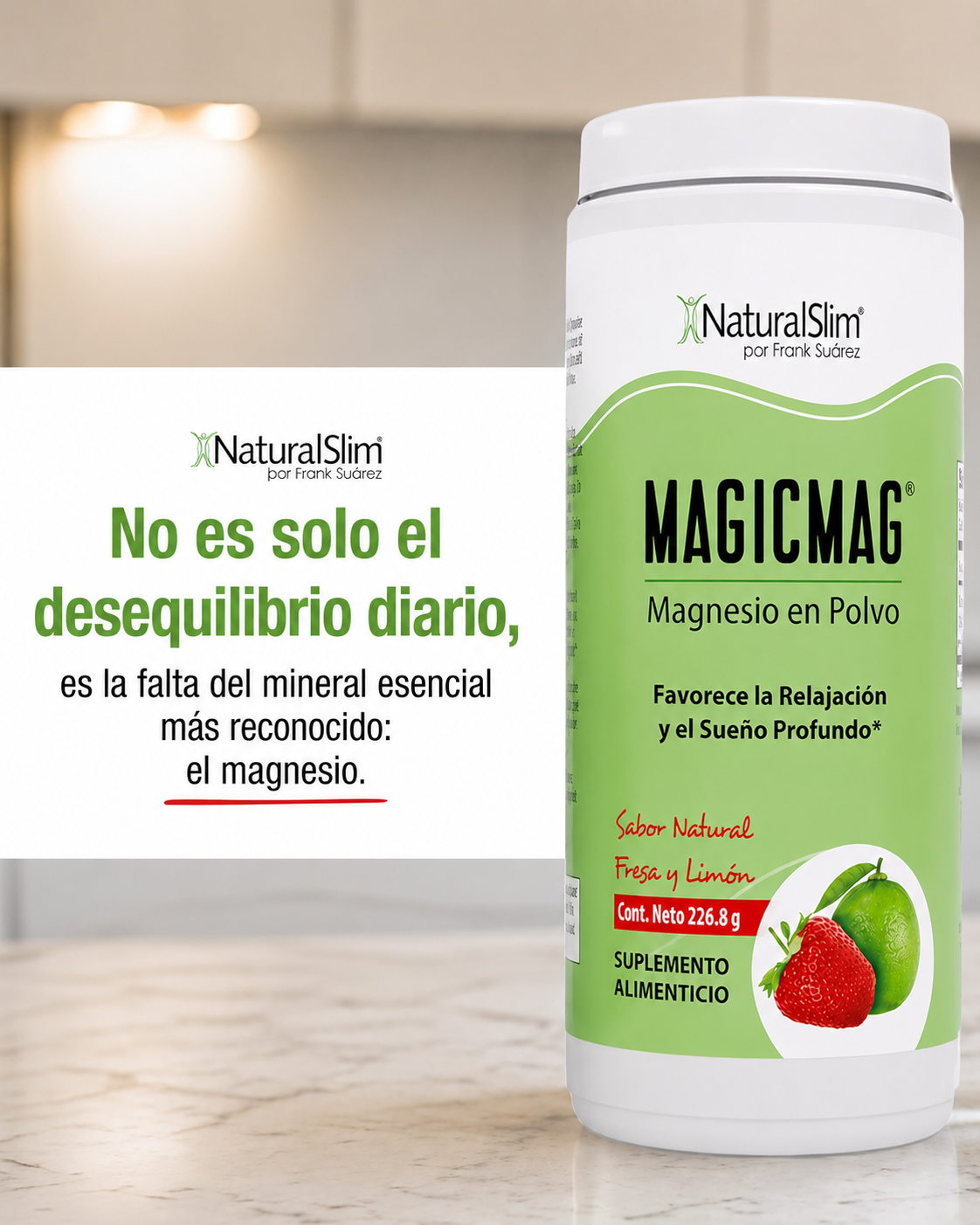 NaturalSlim - MagicMag Magnesio en Polvo – Antiestrés y Relajante | Sabor Fresa & Limón (226 g)