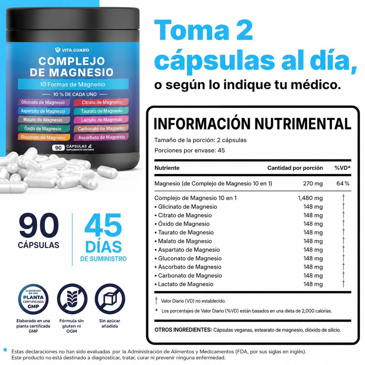Magnesio Complex 1480 mg – 90 Cápsulas – Vita Guard