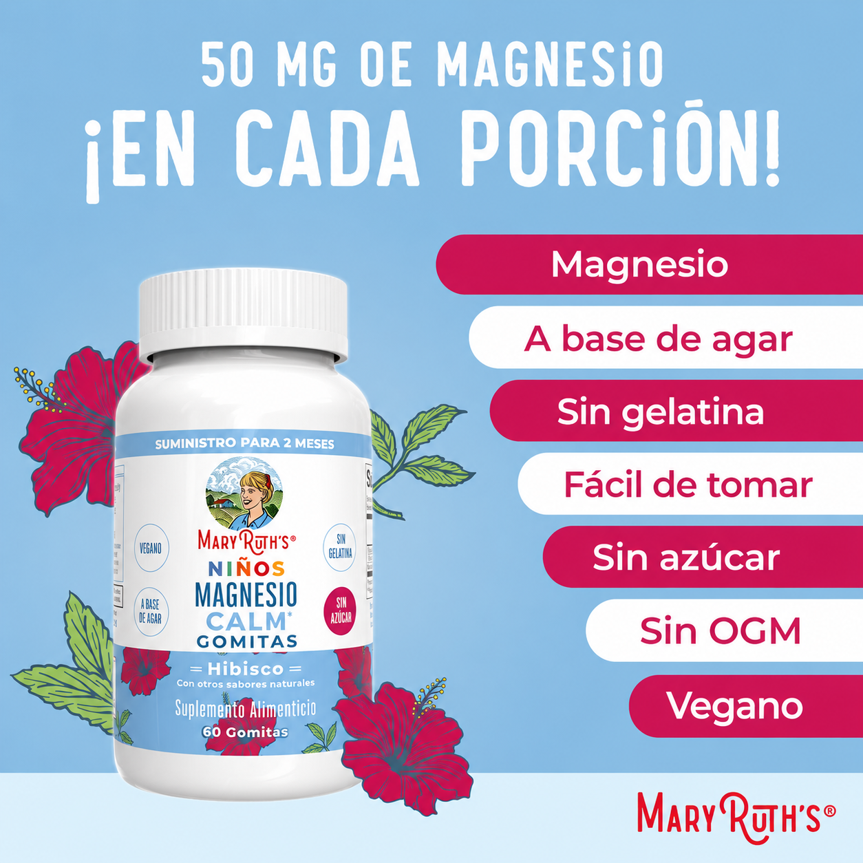MaryRuth's - Gomitas de Magnesio Relajantes para Niños - Sabor a Hibisco - Vitamina para el Bienestar General y el Sueño | 60 Gomitas