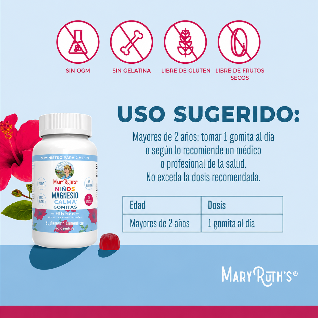 MaryRuth's - Gomitas de Magnesio Relajantes para Niños - Sabor a Hibisco - Vitamina para el Bienestar General y el Sueño | 60 Gomitas