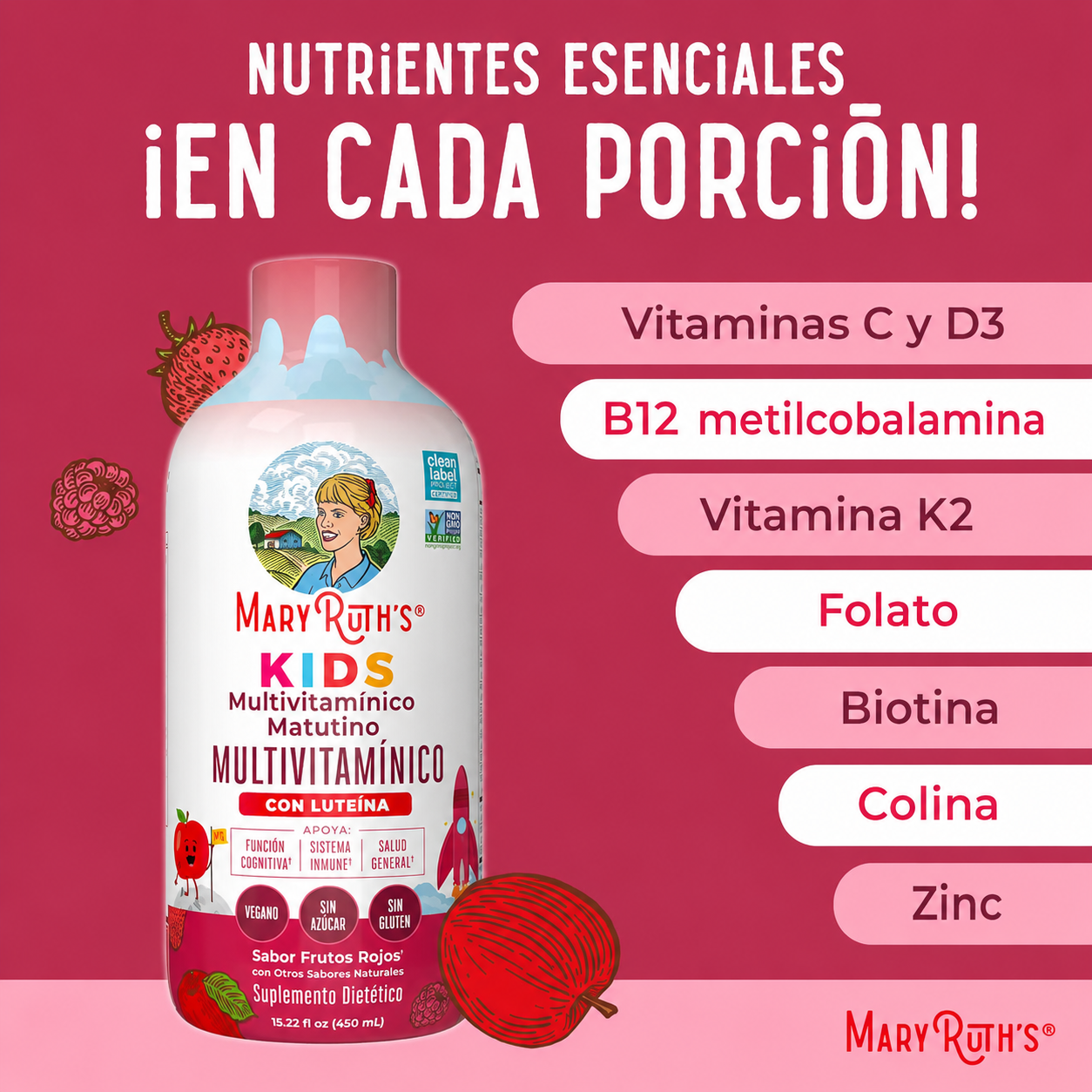 MaryRuth's - Multivitamínico Líquido Matutino para Niños con Luteína - Complemento para Reforzar el Sistema Inmunitario con Vitamina C, Vitamina D y Nutrientes Esenciales | 450 mL