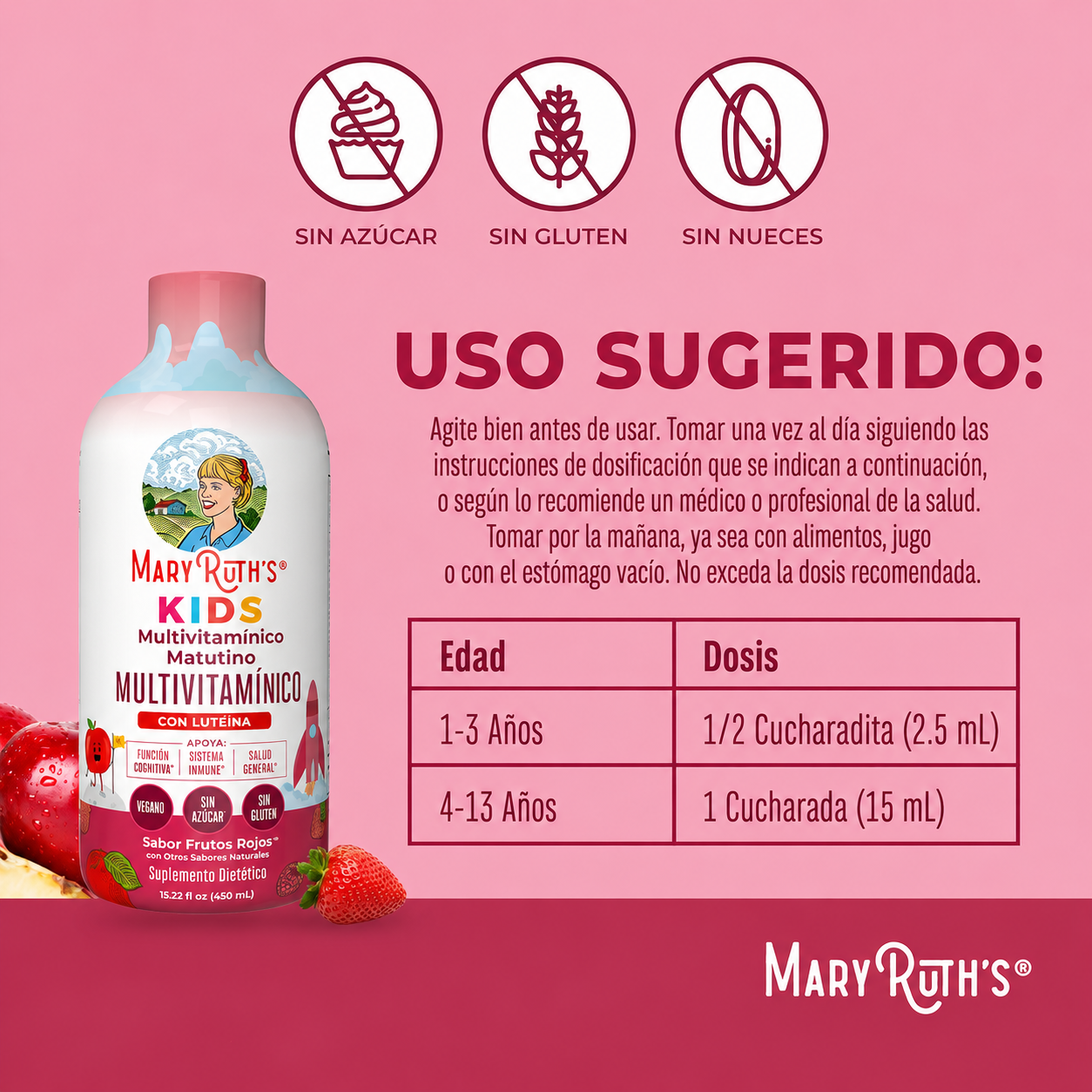 MaryRuth's - Multivitamínico Líquido Matutino para Niños con Luteína - Complemento para Reforzar el Sistema Inmunitario con Vitamina C, Vitamina D y Nutrientes Esenciales | 450 mL