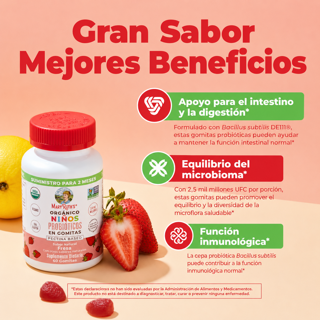 MaryRuth's - Gomitas Probióticas Orgánicas para Niños para la Salud Digestiva - Refuerzo Inmunológico - Complemento para la Salud Intestinal | 60 Gomitas