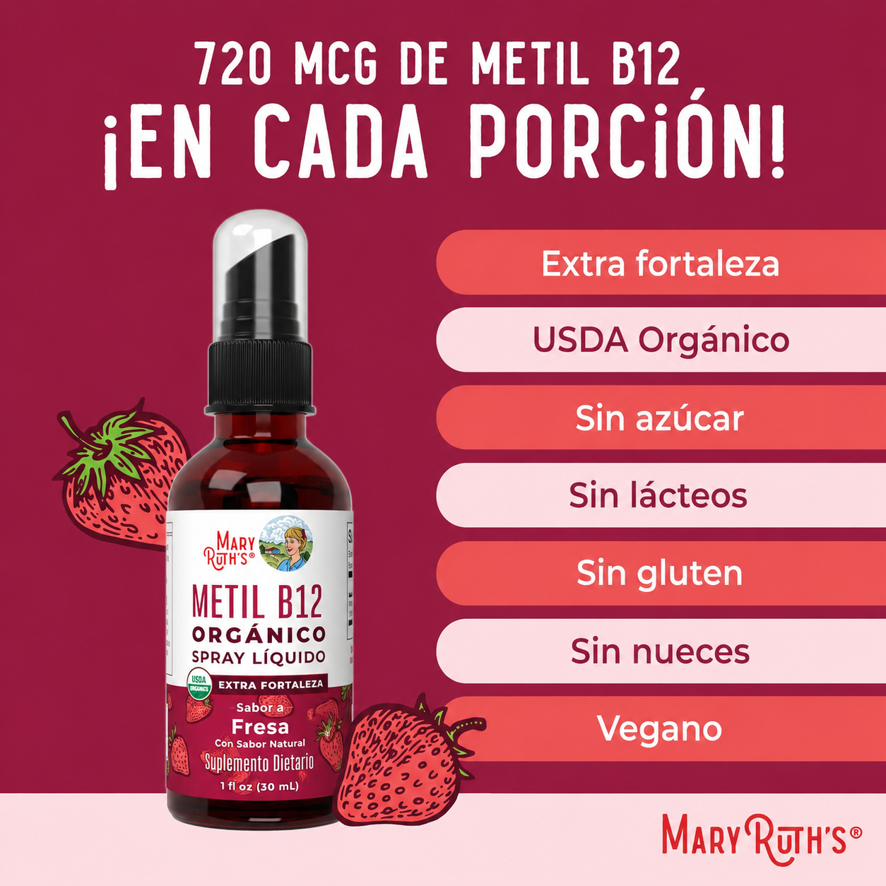 MaryRuth's - Spray Líquido de Vitamina B12 - Aporta Energía y Favorece el Buen Buncionamiento del Sistema Nervioso | 30 mL