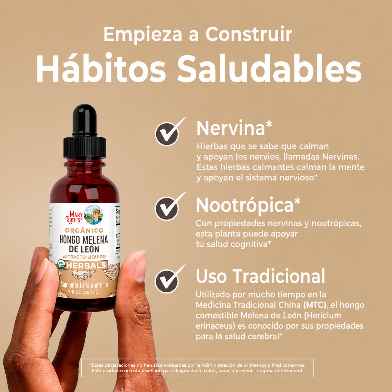 MaryRuth’s - Hongo Orgánico de Melena de León – Extracto Líquido Orgánico para Memoria, Enfoque y Sistema Nervioso | 30 mL