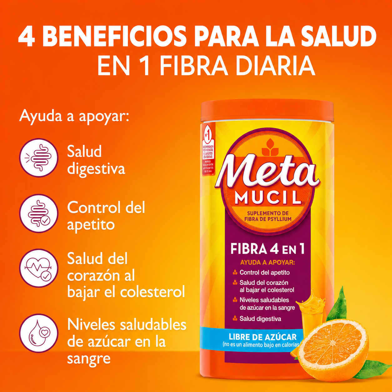 Metamucil 4-in-1 Fiber 1.04 kg – Fibra de Psyllium para Digestión, Control de Apetito y Salud del Corazón