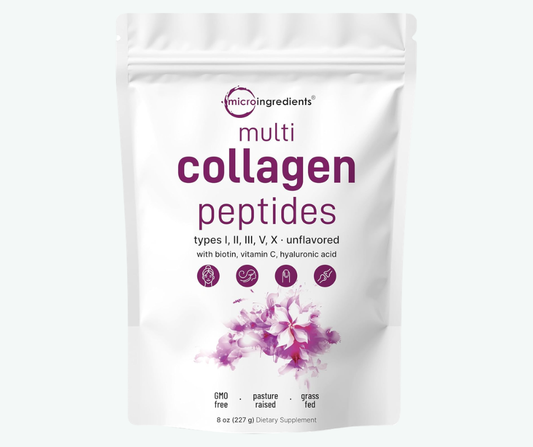 Micro Ingredients - Polvo de Péptidos de Colágeno Múltiple - Hidrolizado de Tipo I, II, III, V y X con Biotina, Ácido Hialurónico y Vitamina C - Colágeno sin Sabor para Mujer y Hombre, de Fácil Disolución | Gr