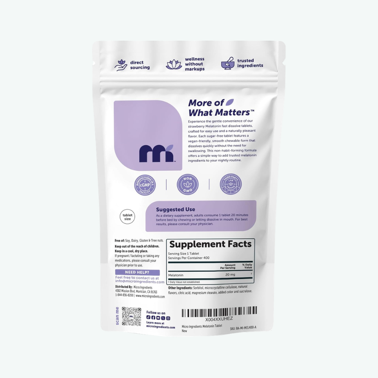 Micro Ingredients - Melatonina 20mg - Disolución Rápida Sabor a Fresa | 400 Tabletas