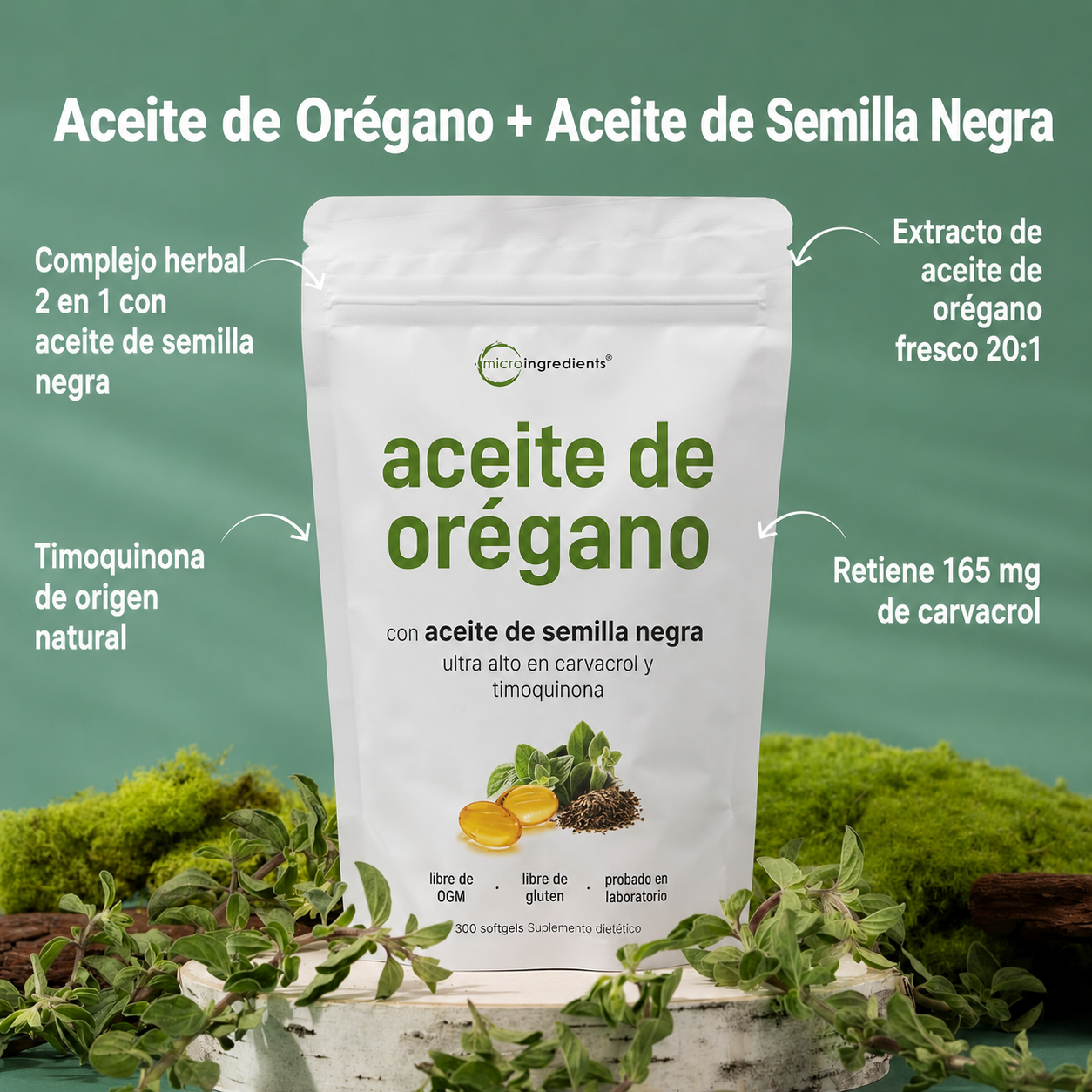 Micro Ingredients - Aceite de Orégano con Aceite de Semilla Negra con un Contenido Muy Elevado de Carvacrol y Timoquinona – Softgels